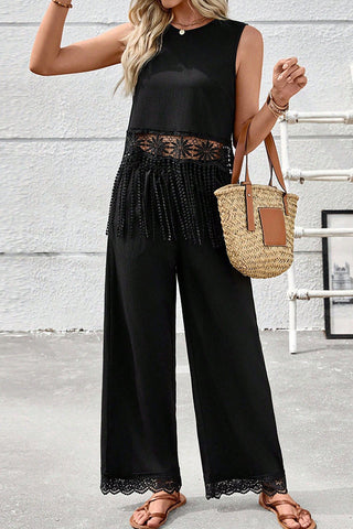 Lace Patchwork Solid Tassel Two Piece Set