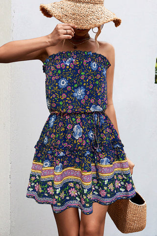 Bohemian Print Bandeau Frill Mini Dress