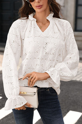 Solid Color Lace Patchwork V Neck Top