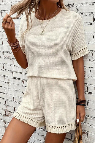 Solid Color Round Neck Tassel Two Piece Set