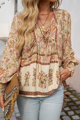 Boho Print V Neck Tie Front Long Sleeve Top