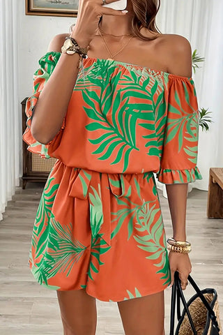 Leaf Print Off The Shoulder Tie Waist Romper