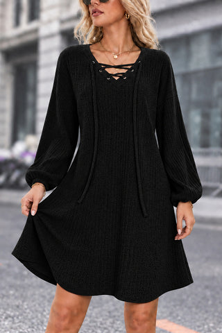V Neck Cross Tie Lantern Sleeve Knitted Dress