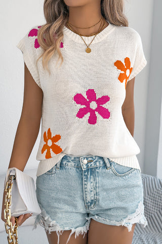 Floral Design Round Neck Casual Knit Top