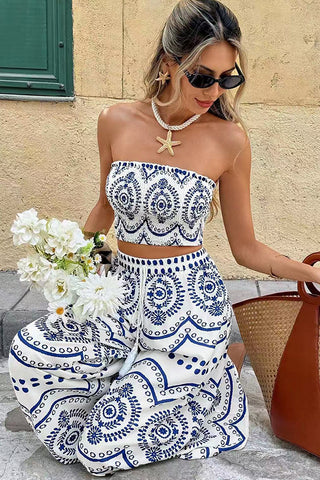 Fashion Bohemia Smocked Bandeau Casual Two Piece Set