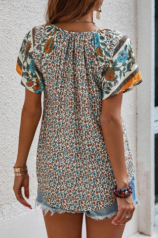 Ethnic Print V Neck Short Sleeve Top