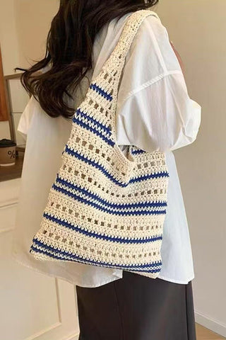 Stripe Design Hollow Color Block Weave Bag
