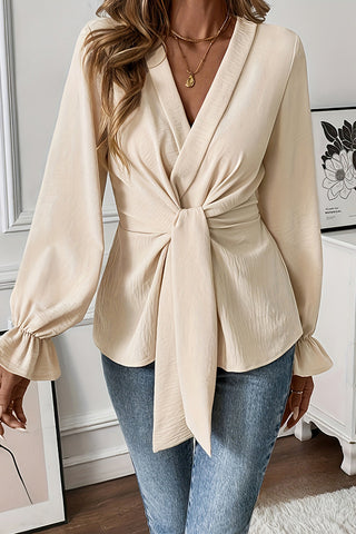 V Neck Knot Front Solid Long Sleeve Top