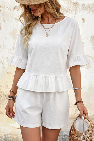 Solid Ruffle Sleeves Casual Two Piece Set