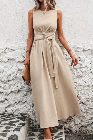 Fashion Solid Color Tie Waist Casual Dress