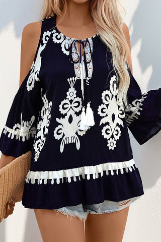 Retro Style Off-Shoulder Printed Lace Patchwork Top