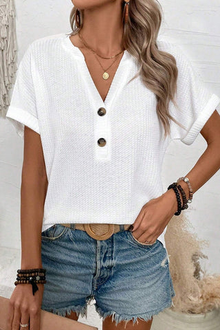 Solid Color V Neck Button Casual T-Shirt