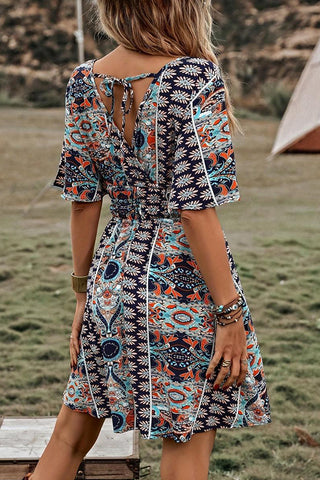Ethnic Print V Neck Batwing Sleeves Dress