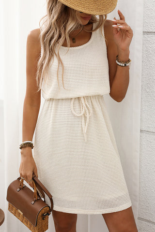 Solid Color U Neck Drawstring Waist Dress