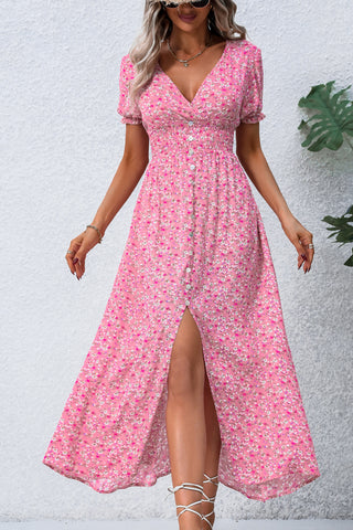 Pink Smocked Waist V Neck Split Maxi Dress