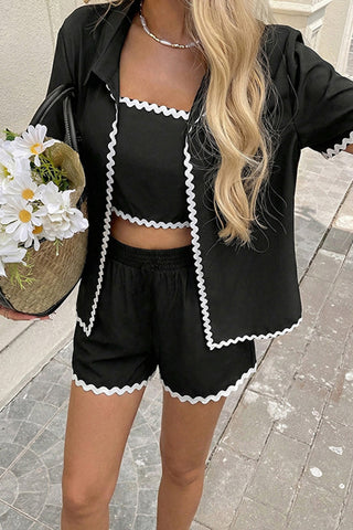 White Trim Hem  Color Block Three Piece Set