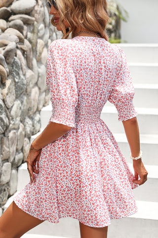 Smocked And Puff Sleeve Floral Print Mini Dress