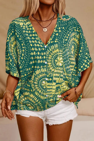Fashion V Neck Printed Button Casual Tops
