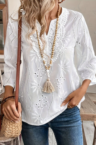 Embroidery Solid Color Flared Sleeves Casual Tops