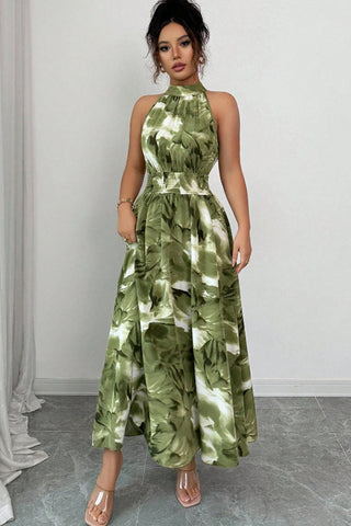 Halter Neck Smocked Waist Casual Maxi Dress