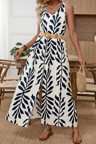 Leaf Print Split Maxi Sleeveless Casual Dress With Belt