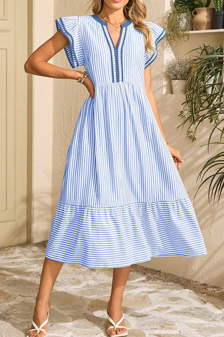 V Neck Stripe Print Ruffle Sleeve Casual Dress