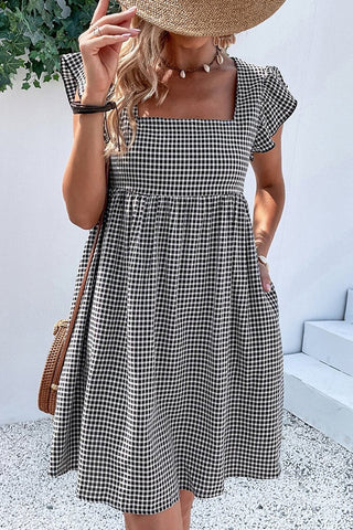 Fashion Square Neck Plaid Print Casual Dress