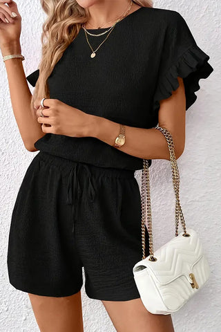 Ruffle Sleeve Round Neck Casual Two Piece Set