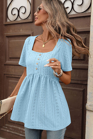 Square Neck Button Solid Color Causal Tops