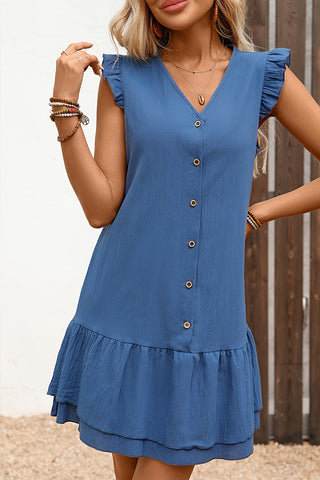 Double Ruffle Hem V Neck Button Mini Dress