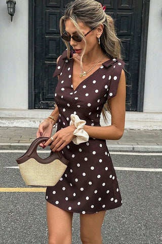 V Neck Polka Dots Print Tie Shoulder Dress