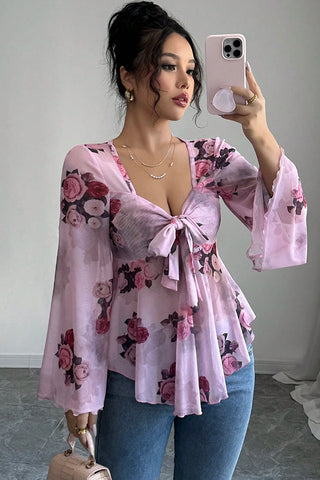 Fashion Mesh Floral Print Bow Casual Tops