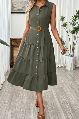 Fashion Lapel Button High Waist Midi Dress