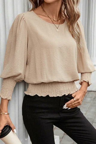 Fashion Smocked Solid Color Casual Tops