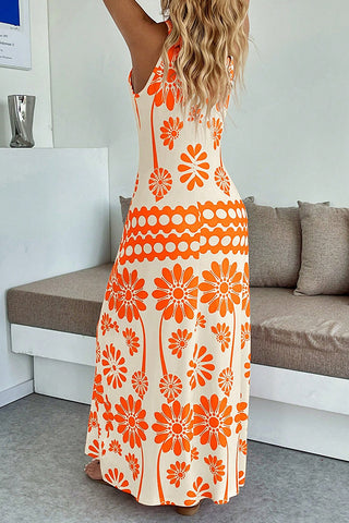 Fashion Floral Print V Neck Maxi Dress