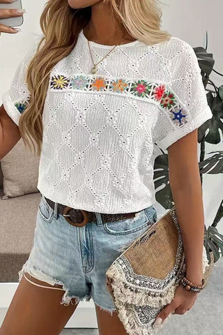 Fashion Hollow Patchwork Round Neck Casual Tops