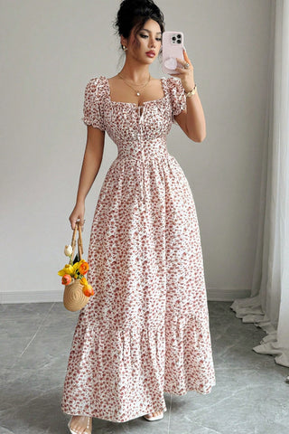 Smocked Waist Floral Print Ruffle Hem Casual Maxi Dress