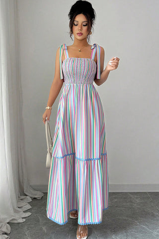 Tie Shoulder Stripe Print Colorful Maxi Dress