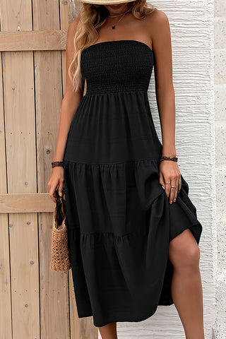 Bandeau Smocked Solid Color Midi Dress