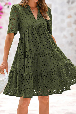 Fashion Lapel Solid Color Hollow Mini Dress