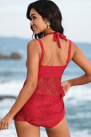 Lace V Neck Halter Color Block Slim Tankini Set