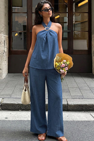 Fashion Halter Neck Solid Color Two Piece Set