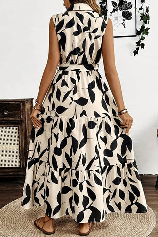 Fashion Leaf Print Tie Waist Causal Maxi Dress