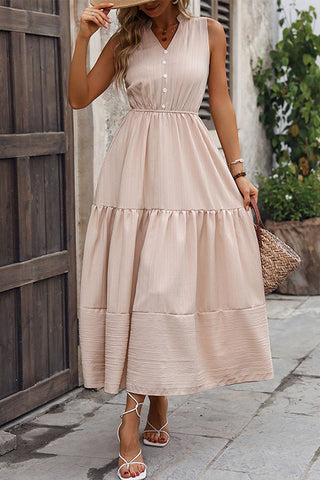 Solid Color V Neck  Button Up Causal Dress