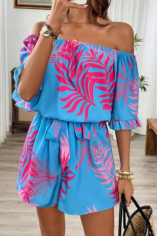 Fashion Off The Shoulder Leaf Print Rompers