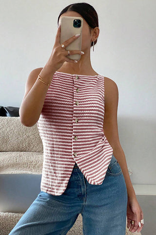 Stripe Print Button Casual Tops
