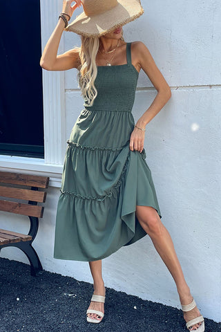 Fashion Smocked Bust Solid Color Casual Dress