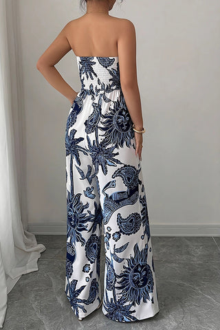 Bandeau Printed Smocked Casual Jumpsuits
