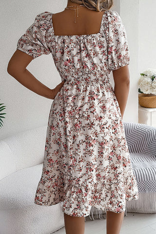 Fashion Smocked Waist Floral Print Casual Dress