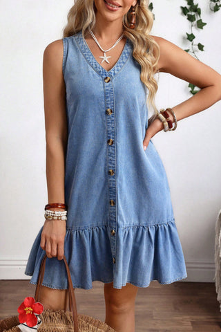 V Neck Button Ruffle Hem Solid Dress